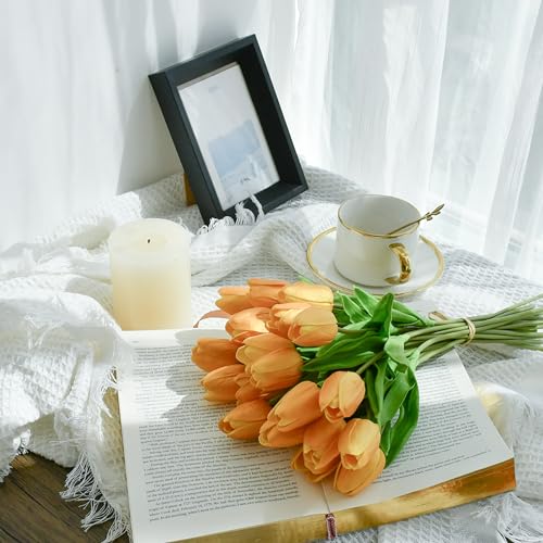Mandy's Gold Artificial Tulips Flowers Centerpiece, 13.5" Lifelike PU Fake Floral Stems 20pcs for Kitchen Island & Dining Table, Spring Decor for Easter - color: Gold