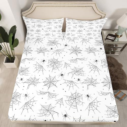 Feelyou Happy Halloween Bed Sheets Sets King Size Kids Boys Girls Black White Cobweb Bedding Set Spider Bed Sheet Set with 16-Inch Deep Pockets 4Pcs with 2 Pillow Cases - color: Black and White, size: King