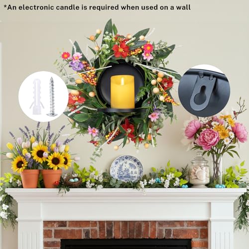 MOYEE Candle Holder Centerpieces for Tables,Candle Ring,Wreaths, Black Metal Paired Artificial Flowers 14 in Versatile Dining Table Centrepiece (Autumn Colored Fruit) - color: Autumn-themed Flower and Fruit Wreath