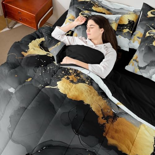 Erosebridal Black Marble Comforter Set with Sheets Modern Abstract Texture Bed in A Bag Rendered Marbling Art 7 Piece Bedding Set Bronzing Sequins Bed Set Twin Size for Teen Adults Men Women - color: Golden Black, size: Twin