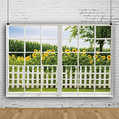 Renaiss 5x3ft Spring Sunflower Window Scenery Backdrop White Fence Yellow Sunflowers Countryside Garden Nature Landscape Photography Background for Girl Woman Wedding Birthday Party Studio Props - color: WSNWH17965, size: 5x3ft