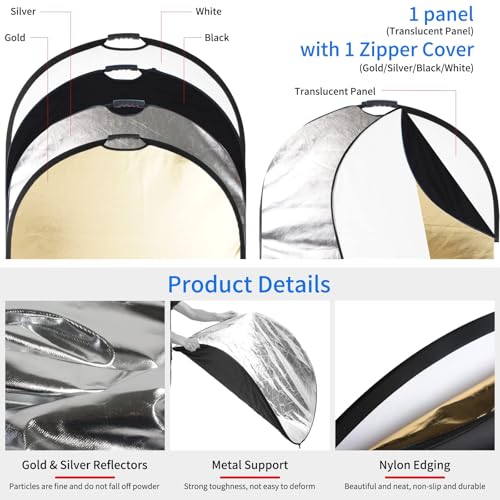 Portable 5-in-1 Oval 60”X80”/150X200cm Reflector Translucent Professional Collapsible Multi-Disc Light Reflector with Handles Silver, Black, Gold, White Surface for Photography Photo Studio