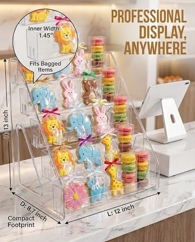 HOTCAN Cookie Display Stand for Bakers, Vendors, Market Booth, Craft Fair, Events | Acrylic Pastry Display Case for Cupcakes, Muffins, Donuts | 5 Tiered Cookie Bakery Rack with Full Angle Visibility