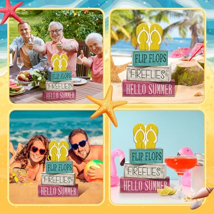 Yuntau 4 Pcs Summer Table Decorations Wooden Sign Flip Flops Table Centerpiece Summer Tiered Tray Decor Decorative Faux Book Stack Block for Coffee Fireplace Mantel Floating Shelf Hawaii - style: Flip Flops