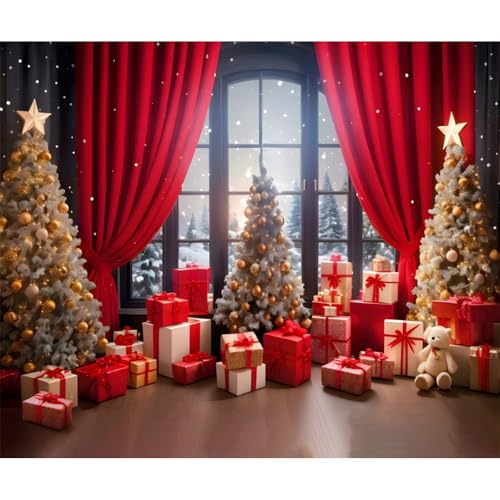 Christmas Backdrops for Winter Window Photography Snow Scene with Red Curtains Xmas Tree Holiday Photo Booth Background for Family Portraits Kids Party Decor Studio Props 9 * 6ft - color: Red, size: 9x6ft