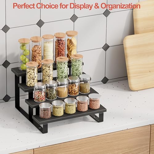 Boulphia 2 Set Black Cologne Organizer for Men, 12 Inch Cologne Stand 4 Tier Perfume Organizer for Dresser, Versatile Step Display Stand Shelf for Fragrance, Skincare, Figurine, Dessert (Wood & Metal) - color: 2 Set, 4 Tier_Black