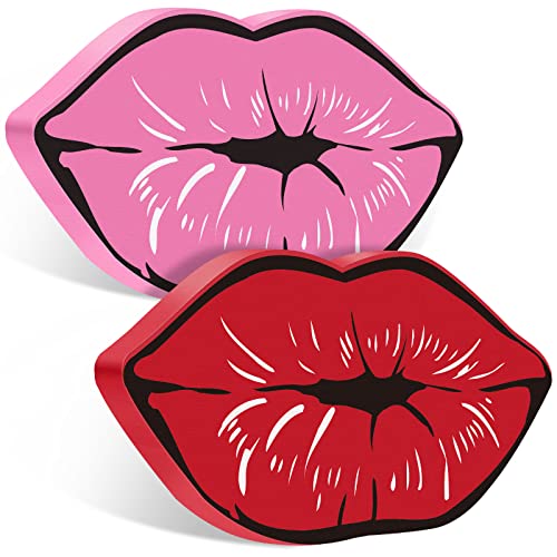 2 Pcs Lips Decor Wood Signs, Red Pink Kisses Mouth Table Centerpiece for Wedding Anniversary Romantic Home Decor Tiered Tray Decors Bedroom Bathroom Shelf Decoration, 6.3 x 3.5 x 0.47 Inch(Red, Pink) - color: Red, Pink