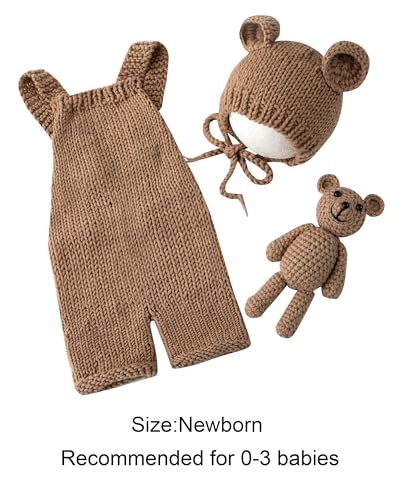 Newborn Photography Props Boys Girls Outfits Baby Photo Props Knit Bear Hat Romper Photoshoot Costume Set - color: Camel