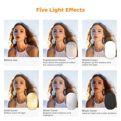 K&F CONCEPT 24" x36”(60x90cm) 5-in-1 Oval Foldable Reflector with Carrying Bag, Gold, Silver, Black, White Reflective Fabric and Translucent Soft Fabric for Studio Lighting - size: 60x90cm