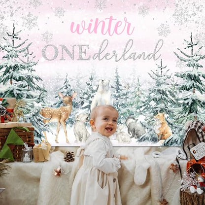 Mocsicka Winter Onederland Backdrop Pink Winter Onederland 1st Birthday Girl Background Woodland Animals Girl 1st Birthday Party Decorations Photo Booth Props (7x5ft) - size: 7x5ft