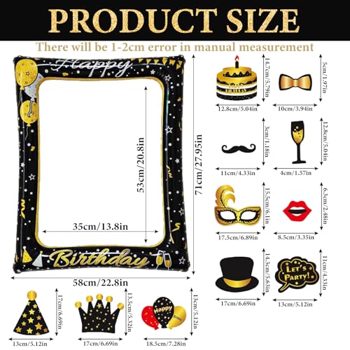 Birthday Photo Booth Props, Black Gold Inflatable Photo Booth Frame, 30PCS Photo Booth Props Cheer to 18 20 30 40 50 60 70 80 90 Years Old Decor Supplies for Men Women Boys Girls - size: All Age Birthday Inflatable Frame