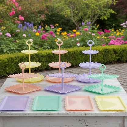 Pack of 11 NWK Cake Stand Set, with 3 x Two-Tier and 3 x Three-Tier Cupcake Stands, 4 x Appetizer Trays, 1 x Tablecloth for Birthday Bridal Baby Shower Party (Colorful) - color: Colorful