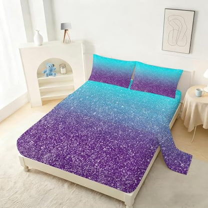 Blue Purple Fitted Sheet Set Queen Size Galaxy Sheet for Bedroom Kids Soft Microfiber 4-Piece Cartoon Sheet Set 1 Fitted Sheet+1 Flat Sheet+2 Pillowcases Glitter Bedding Set - color: Blue and Purple, size: Queen