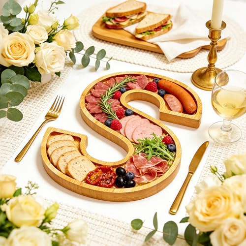 11" Wooden Letter S Platter Tray for Party Charcuterie Board Letters Serving Trays for Food Fruit Cupcake Reusable Fillable Dishes Plates for Birthday Anniversary Wedding Party Baby Shower Supplies - color: Letter S