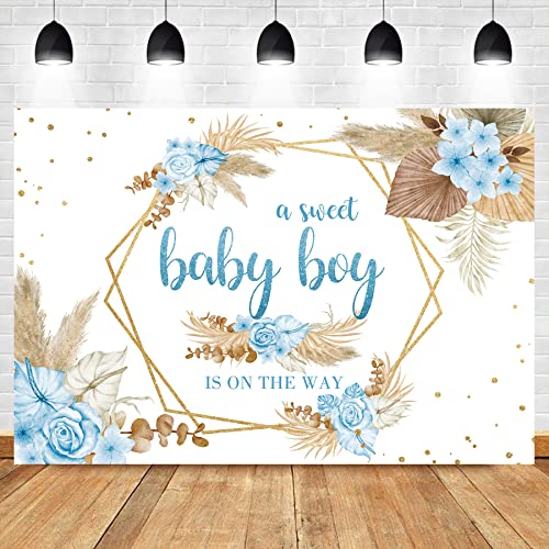 Boho Baby Shower Boy Backdrop 7Wx5H Feet Polyester Fabric Floral Blue Pampas Grass Flowers Newborn Party Decoration Gold Dots Botany Plants Celebrate Photography Background Photo Shoot Props - color: 01Baby Shower(Blue), size: 7Wx5H