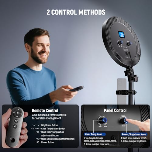 NEEWER Basics 12" 24W Large Ring Light with 68" Stand/Phone Holder/Remote for iPhone Video Recording Selfie Streaming Makeup Studio Photography, 3000K-6500K CRI98 Full Screen LED Panel Lighting, BR13 - style: BR13