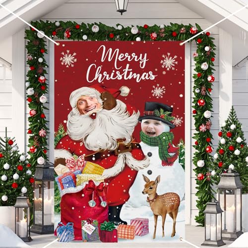 Lunmon 6 x 4 ft Christmas Photo Booth Prop Head Cutout Red Christmas Door Cover Banner Santa Claus Photography Backdrop Snowman Backdrop Xmas Background Party Decoration - color: Christmas Party