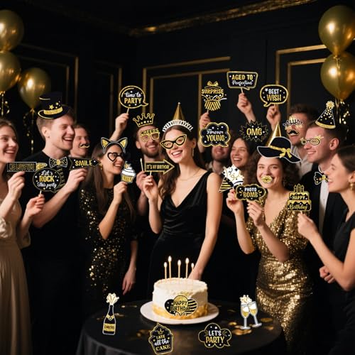 JOJO FLY 36 Pcs Birthday Photo Booth Props Kit, Black and Gold Party Favors, Happy Birthday Party Decorations, Photobooth Holiday Selfie Supplies