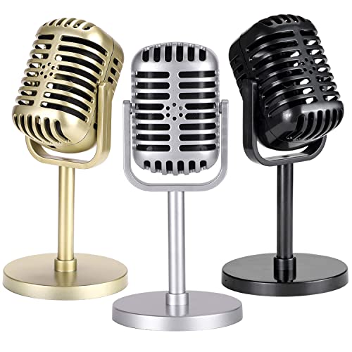 Facmogu 3 Pack Vintage Microphone Prop, Plastic Fake Microphone, Retro Microphones for Costume & Role Play, Antique Mic Stage Table Decor Party Favors - color: Black & Gold & Silver