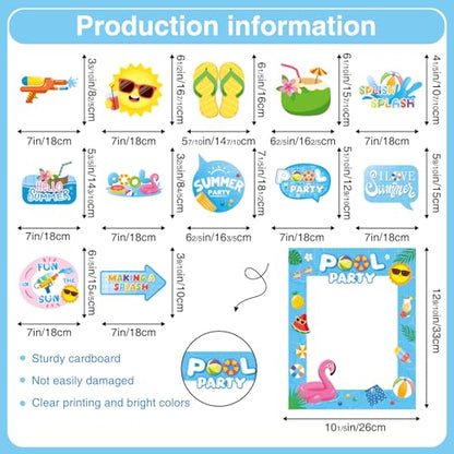 33Pcs Pool Party Photo Booth Props with Blue Frame, Summer Photo Booth Props for Hello Summer Pool Party Decorations, Hello Summer Beach Party Decorations