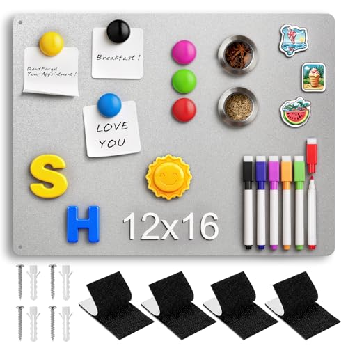 12" x 16" Magnetic Board, Silver Magnet Bulletin Board to Display Magnetic Letters, Metal Board for Wall, Refrigerator Photo, with Dual Lock Tape and Screws, Marker Pen - color: Silver, size: 12“ x 16"