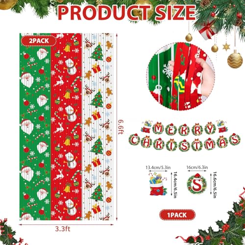 OQOQ Christmas Party Decor Backdrops Kit, 2 Pcs Red Green White Tinsel Foil Fringe Curtains & 1 Set Paper Banner, Large Christmas Photo Booth Props Friendmas Party Supplies - color: Green Red White Christmas