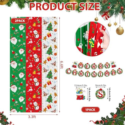 OQOQ Christmas Party Decor Backdrops Kit, 2 Pcs Red Green White Tinsel Foil Fringe Curtains & 1 Set Paper Banner, Large Christmas Photo Booth Props Friendmas Party Supplies - color: Green Red White Christmas