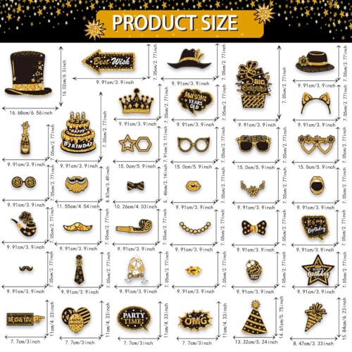 38 Pcs Birthday Photo Booth Props Kits Graduation New Year Wedding Party Favors Black and Gold 40th 50th 60th 70th 80th Happy Birthday Anniversary Party Supplies
