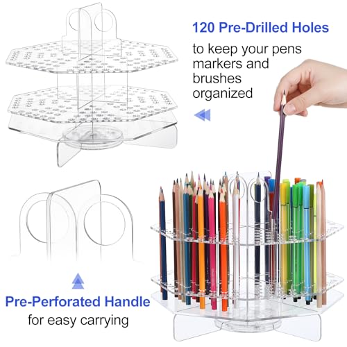 Eersida 120 Slot Acrylic Pen Holder Pen Clear Pencil Holder Display Stand Marker Organizer Acrylic Desktop Organizer the Hole Diameter Is 0.5 Inch for Art Supply Makeup Brushes Storage Craft Shows