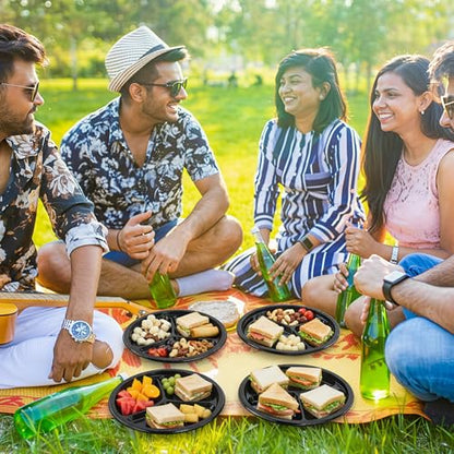 Umigy 100 Pcs 10 Inch 3 Compartments Divided Plastic Plates Bulk Colorful Disposable Heavy Duty Round Dinnerware for Valentine Wedding Birthday Party (Black) - color: Black