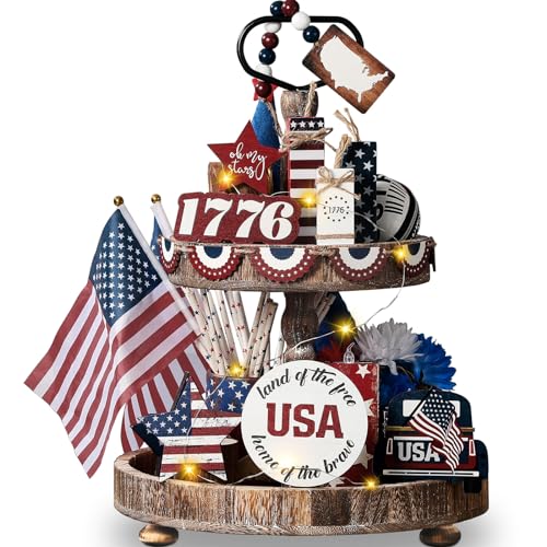 FoldTier 18 Pcs 4th of July Tiered Tray Decor Set Rustic Patriotic Independence Day Decoration Glow Vintage Farmhouse 4th of July Tiered Tray Sign Wooden Red White Blue Decor for Table(USA) - style: USA