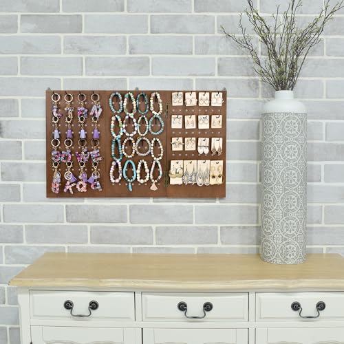 MOOCA Wall-Mountable Wooden Foldable 3-Panel Pegboard Jewelry Display Organizer with 48 Removable Black Hooks, Vertical or Horizontal Display, Ideal for Travel, Brown Color - color: Brown, 3 Panel w/Hooks