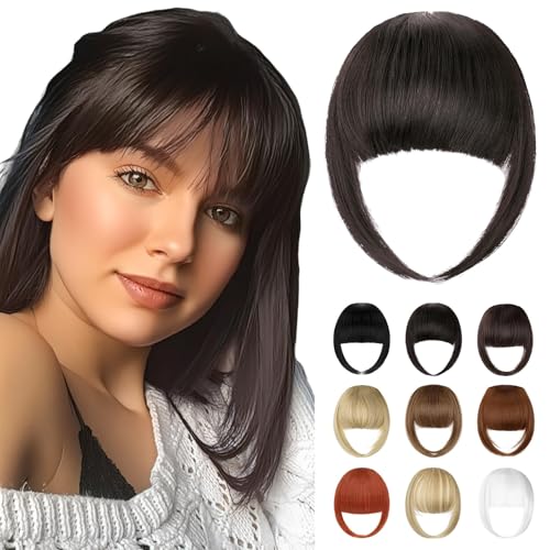 Bangs Hair Clip in Bangs, French Black Brown Fake Bangs Hair Clip on Bangs for Women Fringe with Temples Hairpieces Faux Bangs for Daily Wear - color: Black Brown
