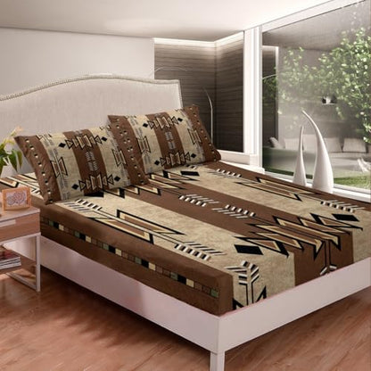 Feelyou Western Ethnic Tribal Sheet Set Queen Size Kids Wild West Bed Sheets Set for Boys Girls Teens Boho Exotic Sheets with Deep Pocket Fitted Sheet Bohemian Bedding Set Brown Bed Set - color: Brown Black, size: Queen