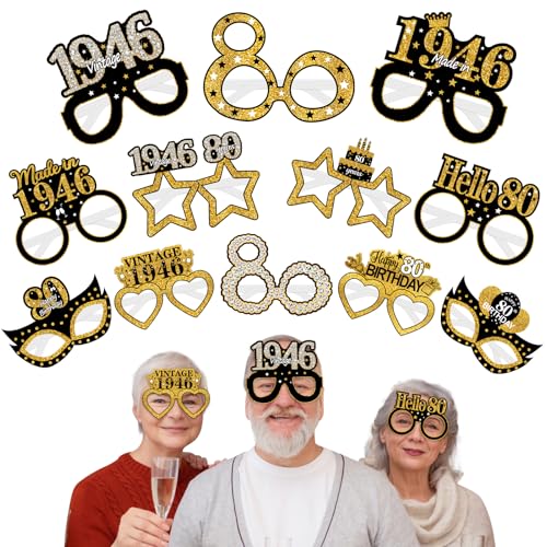 Turypaty 24Pcs 1946 80th Birthday Paper Glasses Decorations for Men Women - Black Gold Happy 80th Birthday Paper Eyeglasses Photo Props, Vintage 1946 Eighty Years Old Birthday Party Supplies - style: Black Gold 80th