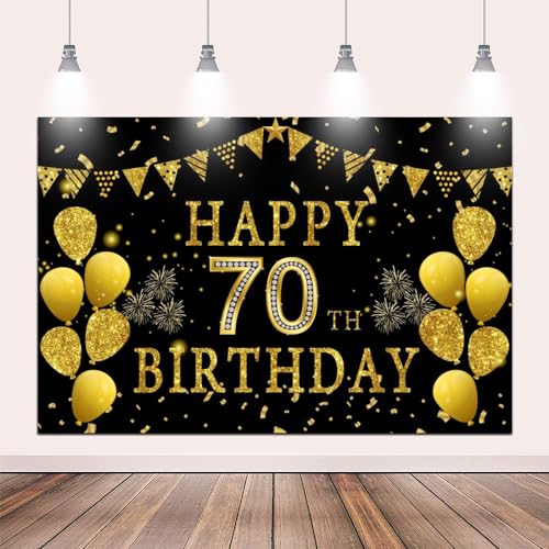 5x3ft Happy 70th Birthday Party Photography Backdrop, Glitter Black and Gold Balloons Background for Woman Man Fabulous 70 Bday Shining Diamond Seventy Years Old Birthday Party Supplies - color: 70th, size: 5x3ft