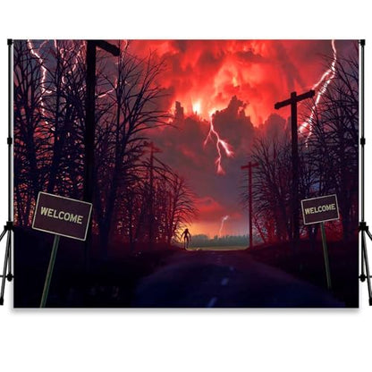 Red Horrors Forest Backdrop Sky Lightning Banner Background Birthday Backgrounds Party Home Decoration Photo Studio Props 82.68x59 in YUNHBDJ855 - size: 82.68*59 IN