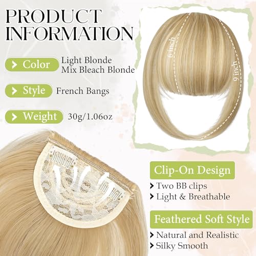 Bangs Hair Clip in Bangs, French Light Blonde Mix Bleach Blonde Fake Bangs Hair Clip on Bangs for Women Fringe with Temples Hairpieces Faux Bangs for Daily Wear - color: Light Blonde Mix Bleach Blonde