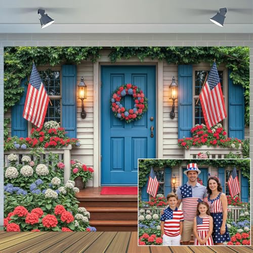 7 x 5 ft 4th of July Backdrop American Flag Red Blue Garden House Independence Day Photography Background Patriotic Veterans Day Party Photo Backdrop Decoration - color: Multi2, size: 7x5ft