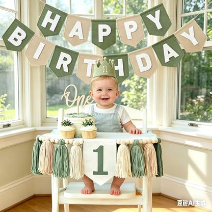 Sage Green 1st Birthday High Chair Decorations- First Birthday Banner Wild One Highchair banner 1st birthday boy with Tassels, Crown & One Cake Topper, Boho 1st Birthday Party Supplies photo props - color: Green
