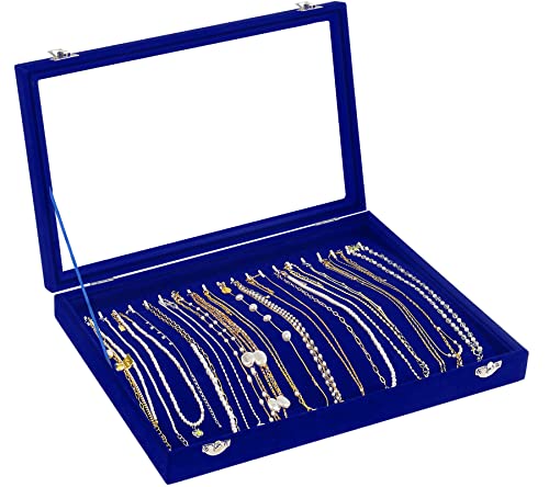 Jenseits Jewelry Display Box For Necklace Organizer, Velvet Necklace Storage Tray For Drawer, 20 Hooks Large Velvet Showcase Holder, Jewelry Organizer With Transparent Lid, Gifts For Her - Blue - color: 1-Blue