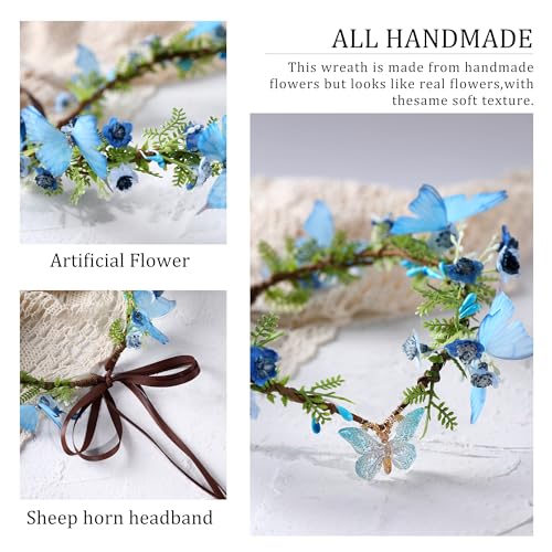 MOSTORY Handmade Fairy Butterfly Crown - Elf Flower Hadpiece Elven Headband for Women s Spring Wedding Maternity Shoot - color: Blue
