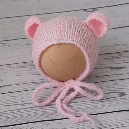 Newborn Photography Props Boys Girls Outfits Mohair Bear Hat Bonnet & Footed Romper Bodysuit Photoshoot Costume Set - color: Pink