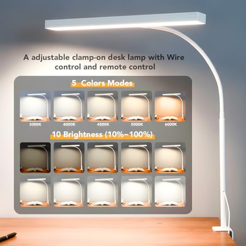 LED Desk Lamp for Office Home, Eye- caring Lamp with 10 Meter Remote Control Function, 5 Modes 10 Brightness Adjustable Desk Light Flexible Gooseneek Clip - on Light for Studying, Workbench (white) - color: T-shaped-White