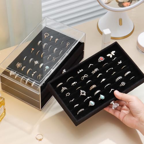 SPAKOWN Ring Box Display Holder, Clear Velvet Jewelry Storage Tray Organizer for Ring Stud Earring (Black - 3 Drawers) - color: Black, size: 3 Drawers