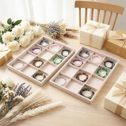 Stackable Jewelry Organizer Trays for Drawers, 2Pcs 12 Grid Velvet Jewelry Display Tray, Soft Light Jewelrys Display Case for Selling Necklace Earring Ring Watch, Beige, 13.8x9.5x1.2inch