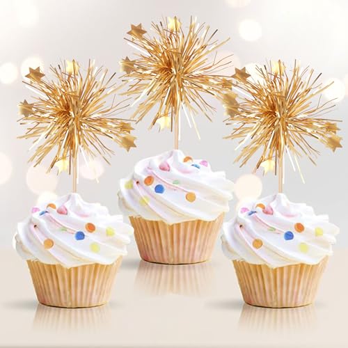 30 PCS Foil Firework Cupcake Toppers Happy Birthday Cake Toppers Star Sparkle Tinsel Flower Drink Stirrers Cocktail Fruit Toothpicks for Valentine's Day Baby Shower Birthday Party Supplies Gold - color: A Gold New