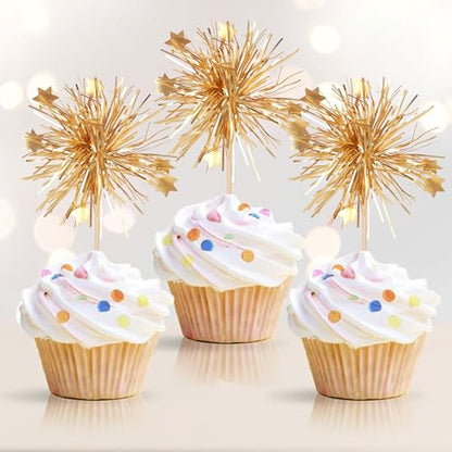 30 PCS Foil Firework Cupcake Toppers Happy Birthday Cake Toppers Star Sparkle Tinsel Flower Drink Stirrers Cocktail Fruit Toothpicks for Valentine's Day Baby Shower Birthday Party Supplies Gold - color: A Gold New