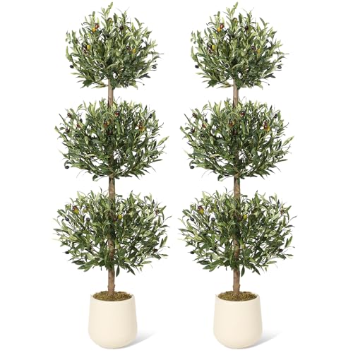 5 ft Artificial Olive Tree, Triple Ball Topiary Faux Plant with Moss & Pot, Outdoor Indoor Realistic Fake Shrubs Trees, Round Bushes Fake Shrubs Potted for Home Offices Porch Decor, Set of 2