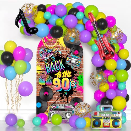 90'S Arch Backdrop Stand Cover 7.2ft Hip Hop Graffiti Brick Wall Retro Radio Fashion Birthday Photography Background Back to Party Arch Cover Fabric 2-Sided Round Top Backdrop Covers - color: 90's, size: 7.2FT